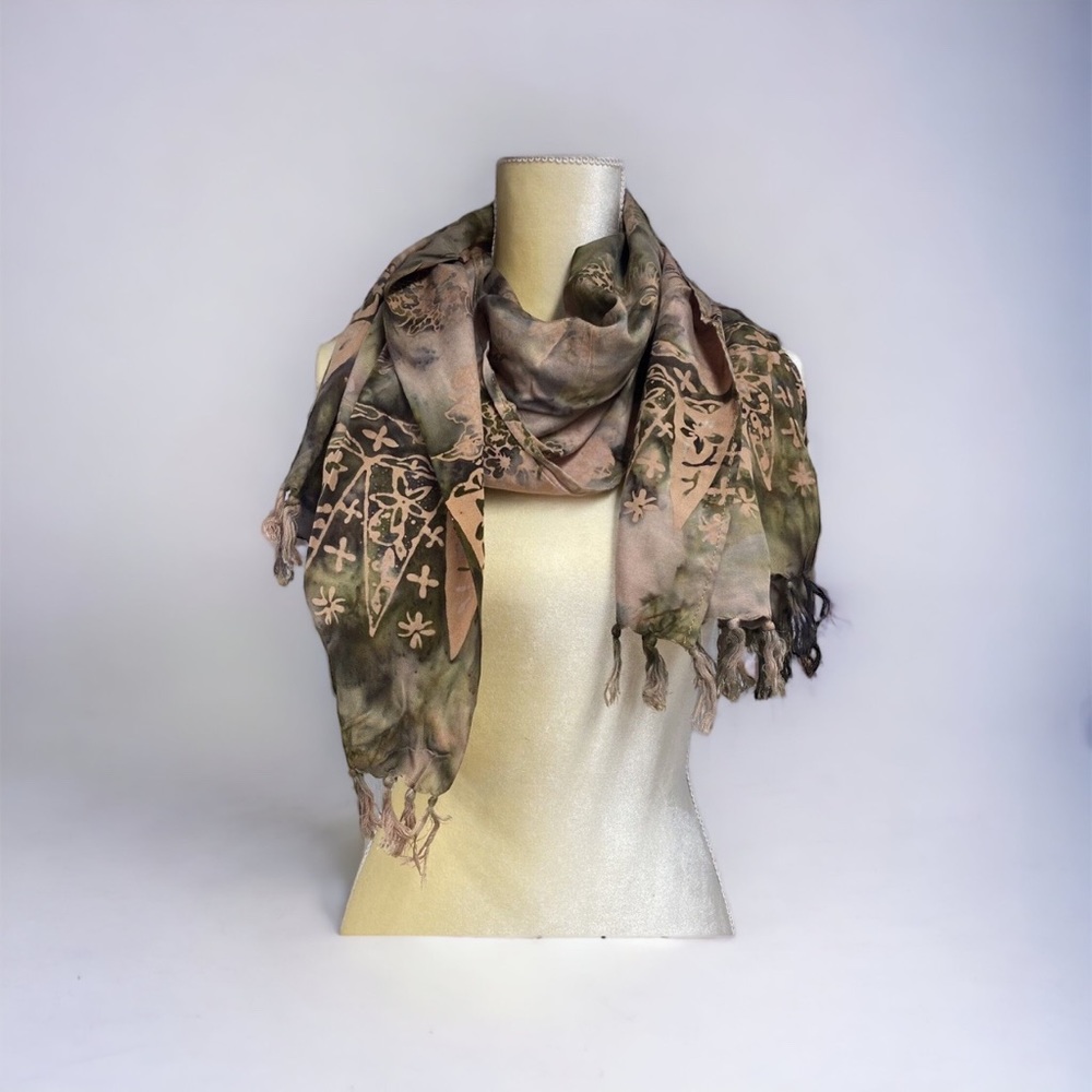 Neck Scarf Green & Tan Tie Dye Pattern Floral Fringe 22x87